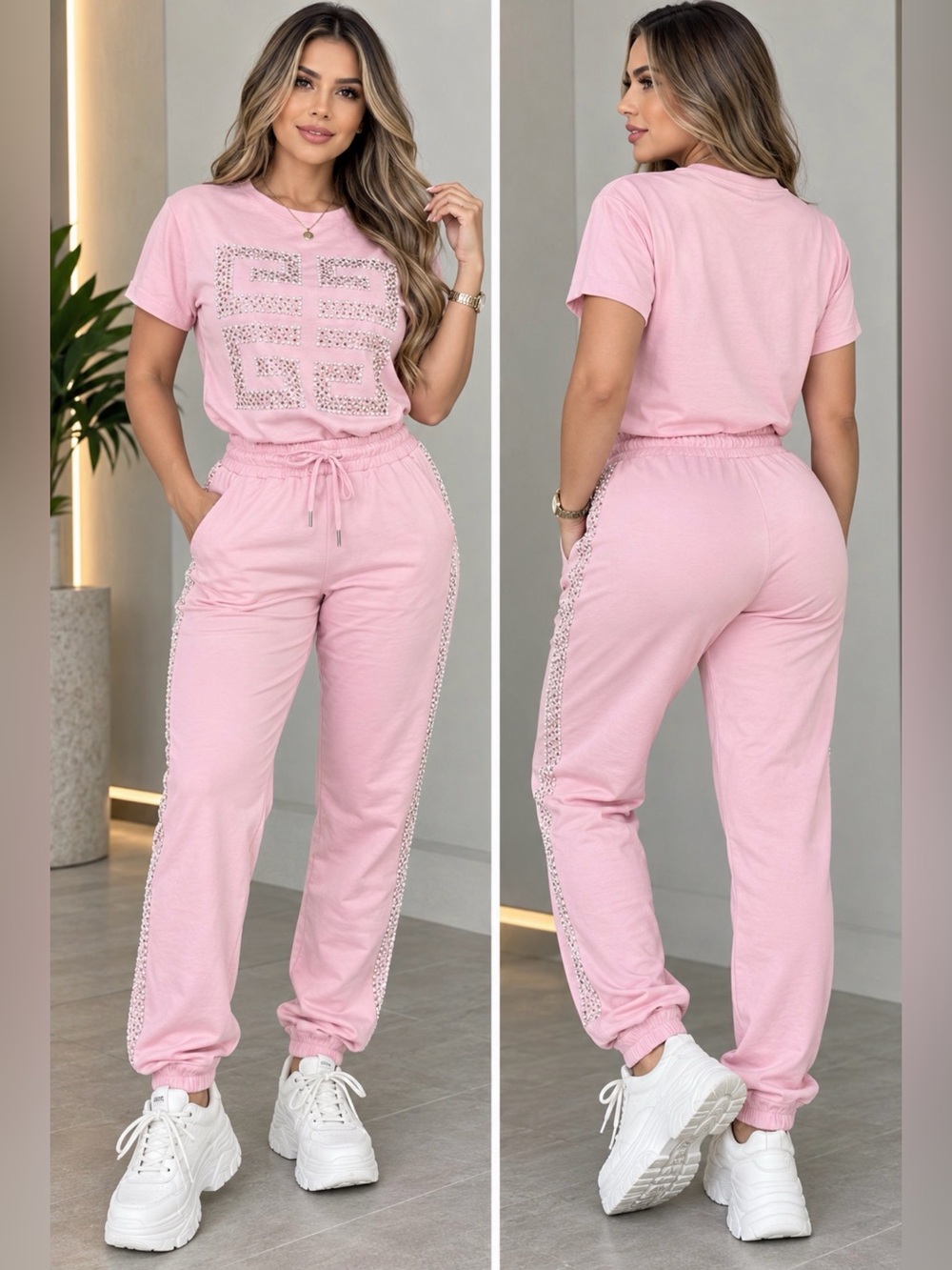 Women's Pink Two-Piece Lounge Set with Crystal Accents size S
